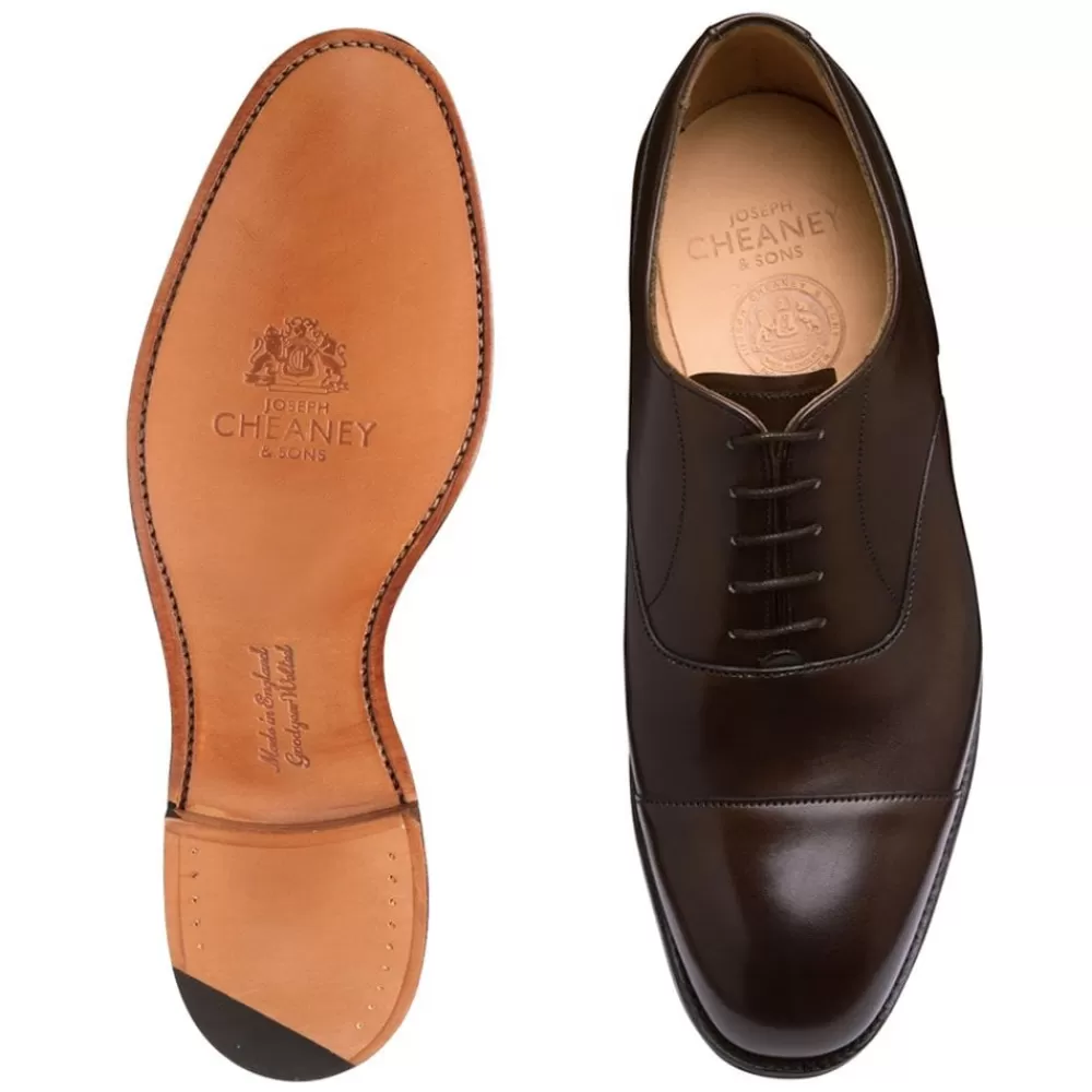 Cheaney Oxfords | Harrington Capped Oxford In Dark Brown Calf Leather | Leather Sole